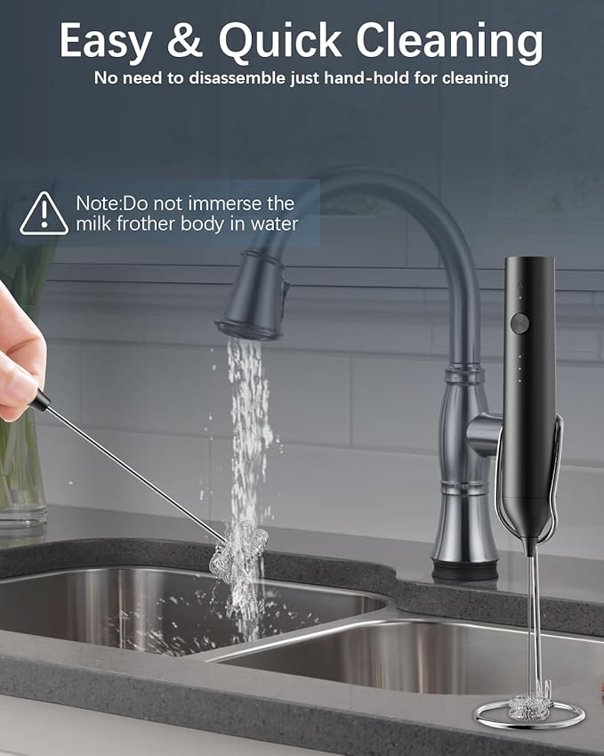 Rechargeable Milk Frother with Stand, Electric Frother Wand Handheld Coffee Foam Maker Detachable Stainless Steel Whisk Drink Mixer Foamer for Latte, Cappuccino, Hot Chocolate, Egg (Black)