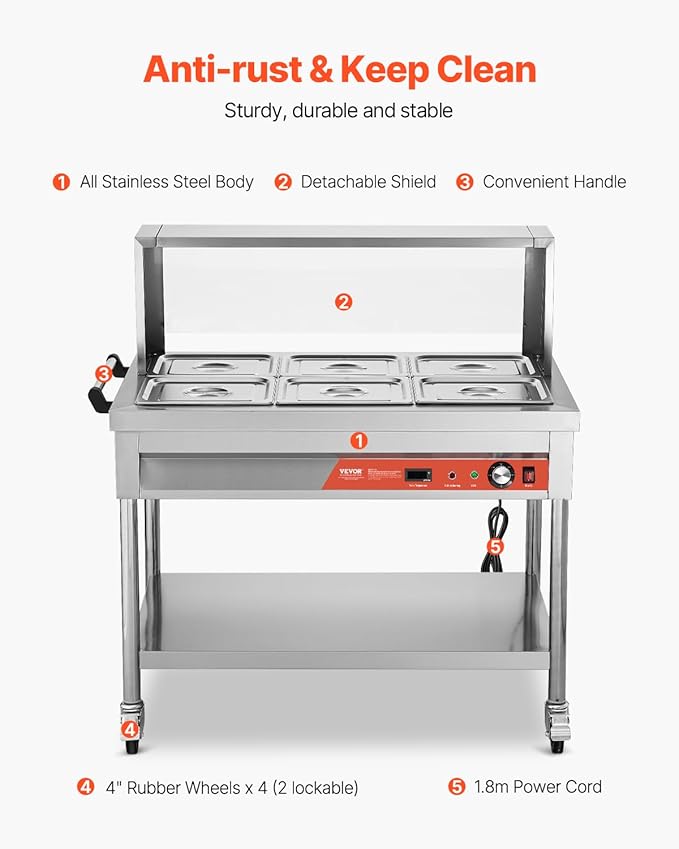 VEVOR 6-Pan Commercial Food Warmer, 6 x 1/2 Pans Electric Steam Table, 1500W Professional Buffet Catering Food Warmer with Shield Undershelf Wheels, Stainless Steel Server for Party Restaurant