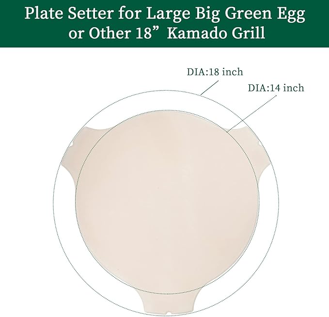 Ceramic Plate Setter for Large Big Green Egg Accessories, Heat Deflector, Ceramic Fluted Pizza Stone for Other 18" Kamado Grill(No Elevated Feet)