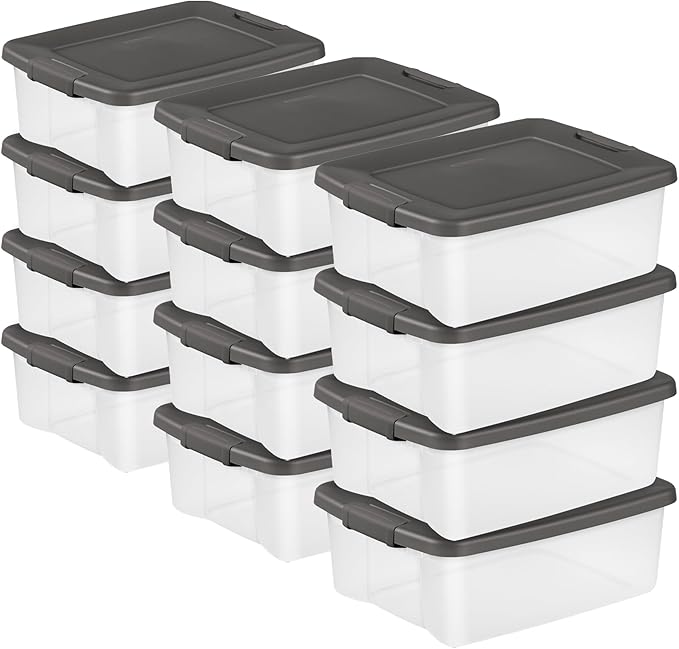 Sterilite 12-Pack ShelfTote, Clear Plastic Storage Bins with Lids, 25 Quart, Gray - Stackable Organizing Container Boxes for Closet, Bathroom, and Office