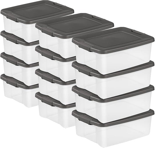 Sterilite 12-Pack ShelfTote, Clear Plastic Storage Bins with Lids, 25 Quart, Gray - Stackable Organizing Container Boxes for Closet, Bathroom, and Office