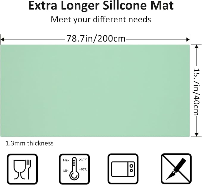 Silicone Mats for Kitchen Counter, Nonslip Silicone Mats for Crafts Countertop Protector Heat Resistant Mat (Light Green, 78.7"L x 15.7"W)