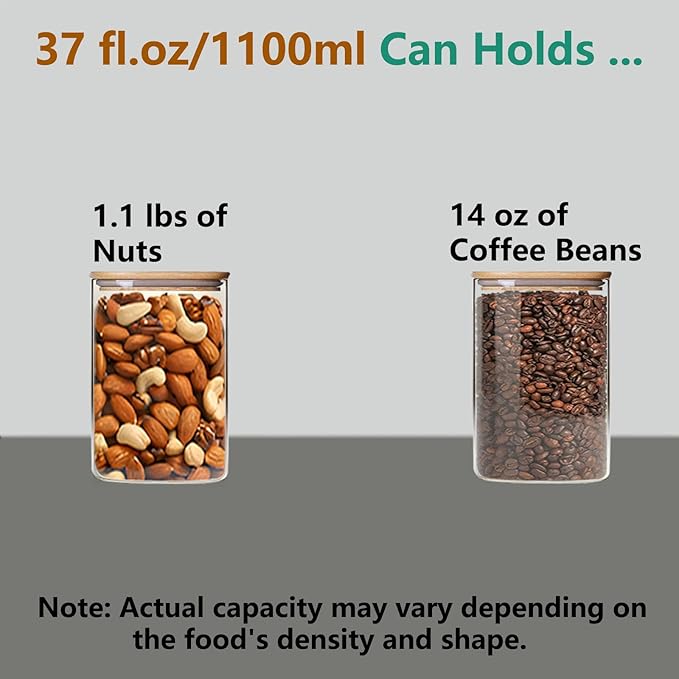 Square Glass Jars Canister with Wood Lid 37 FL OZ [Set of 4], Container Jar with Sealing, Lids for Oat Pasta Flour Cereal Rice Sugar Tea Coffee Beans, Best for Kitchen & Pantry