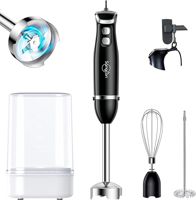 Sangcon 5-in-1 Immersion Blender Handheld, Hand Blender with 1000ml Blending Cup Storage Base, 2-Speed Adjustable Stick Blender, 304 Stainless Steel Blades, Detachable Blender, Whisk, Milk Frother