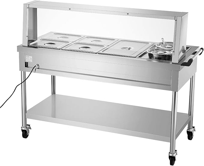 VEVOR Commercial Food Warmer, 5 Pans + 2 Pots Electric Steam Table, 1800W Professional Buffet Catering Food Warmer with Shield Undershelf Wheels, Stainless Steel Server for Party Restaurant Hotel