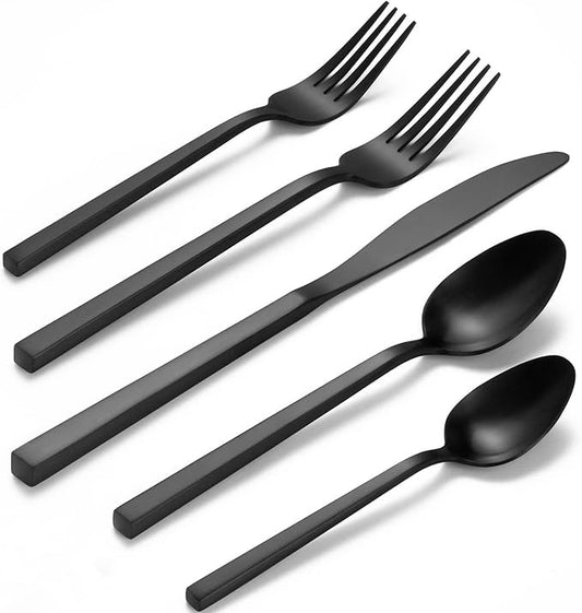 Alata Cube Black 20-Piece Forged Silverware Set Stainless Steel Flatware Set,Service for 4,Matte Satin Polished Cutlery Set,Dishwasher Safe