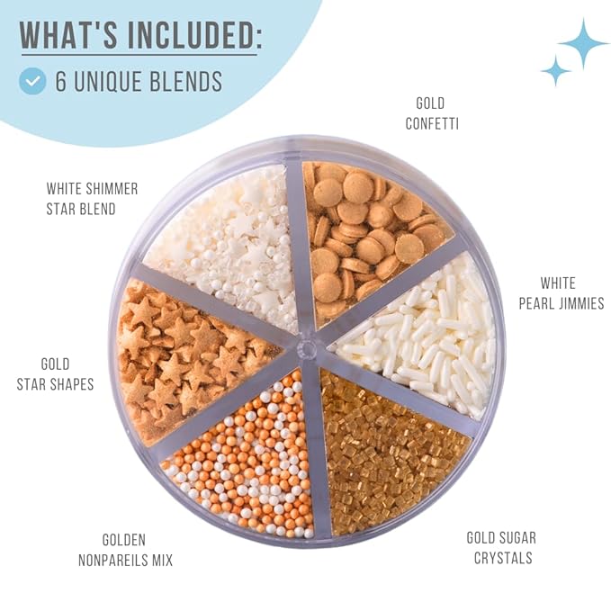 Sweets Indeed Sprinkles 6 Cell Edible Sprinkle Mix Jimmies Perfect for Cake Decorations Baking Ice Cream Cookies Cupcake Topper (Gold)