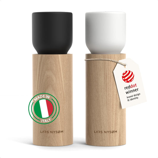 LARS NYSØM Wooden Salt and Pepper Grinder Set Manual - Salt and Pepper Mills with Adjustable Ceramic Grinder - Elegant Beechwood Pepper and Salt Mill Set for Dining Table (Black/White)