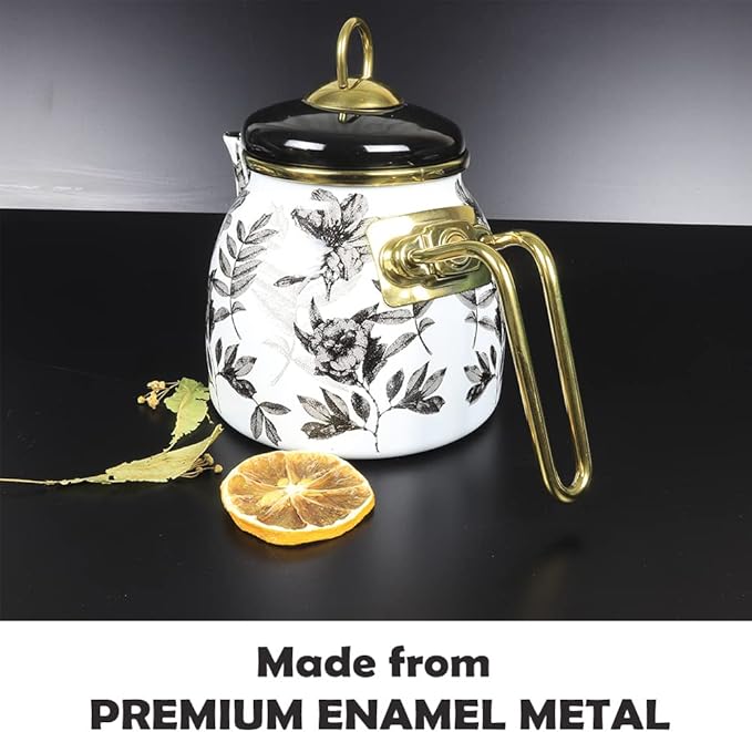 Vintage Turkish Teapot Tea Pots Kettle Set for Stovetop Stove Top Decorative Infuser Party Cups Glasses Floral Unique Boiler Samovar Strainer Loose Leaf Kitchen Style Enamel Decor (White-Black)