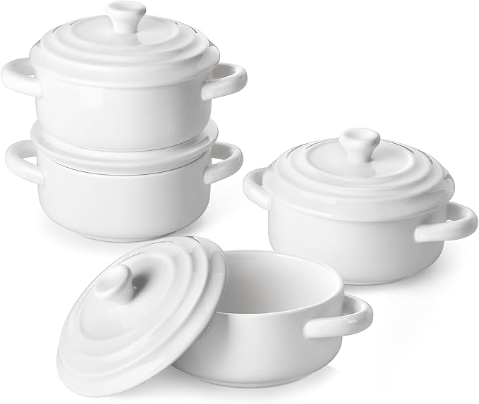 MALACASA Mini Cocotte Set - 14 OZ Small Casserole Dishes with Lids and Handles, Ceramic Mini Dutch Oven Set of 4, Small Baking Ramekins for Lasagna, Soufflé, Oven, Microwave & Dishwasher Safe, Series BAKE.BAKE