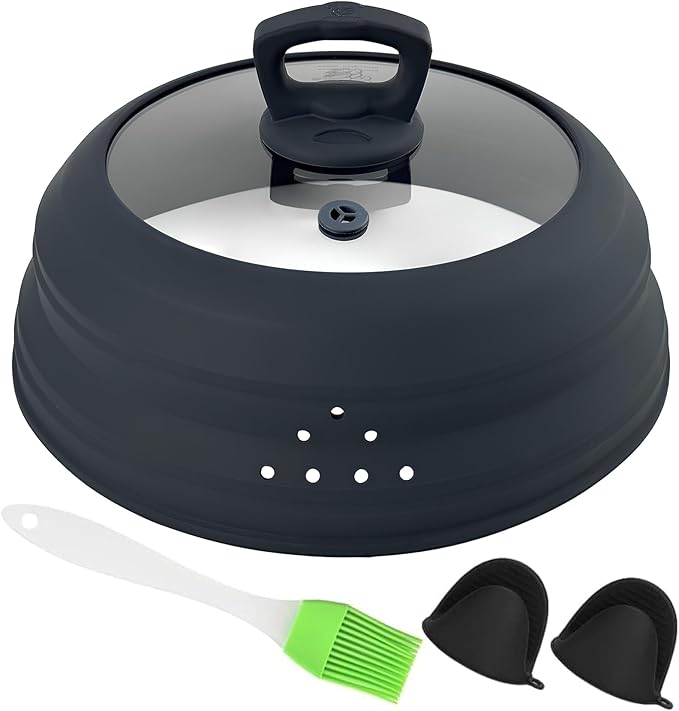 Microwave Splatter Cover Glass 10.5 Inch Microwave Cover for Food with Handle Collapsible Silicone Microwave Cover with Steam Vent for Pot Plate Bowl (Grey)