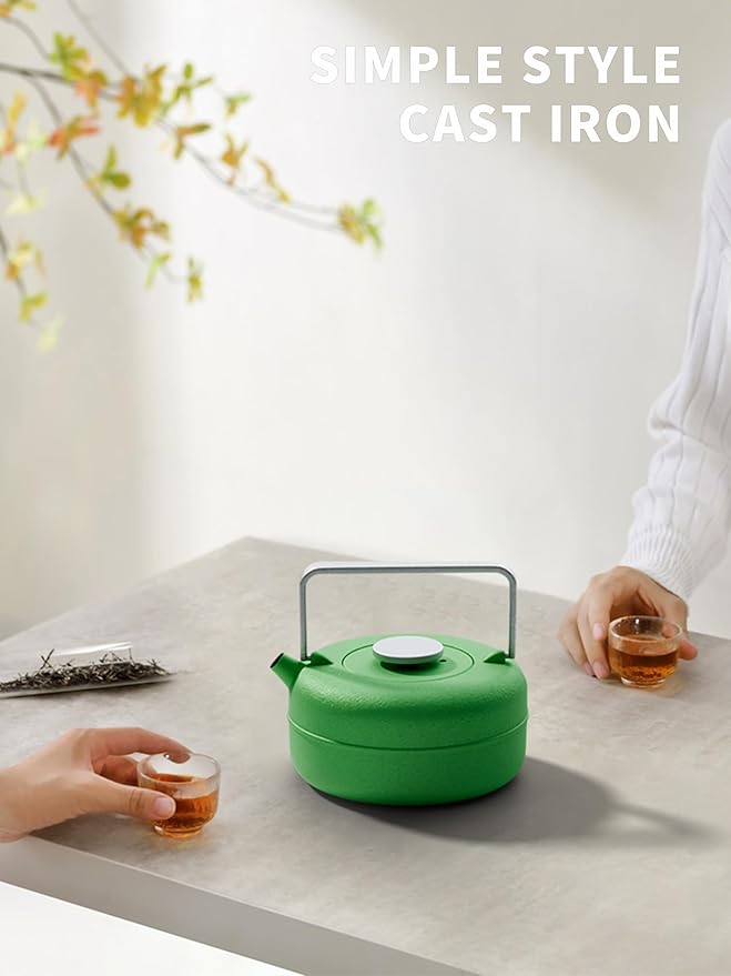 Toptier Teapot with Removable Infuser, Cast Iron Tea Kettle Stovetop Safe, Solid Geometry Cylinder Design Tea Pot Coated with Enameled Interior for 27 Ounce (800 ml), Emerald Green