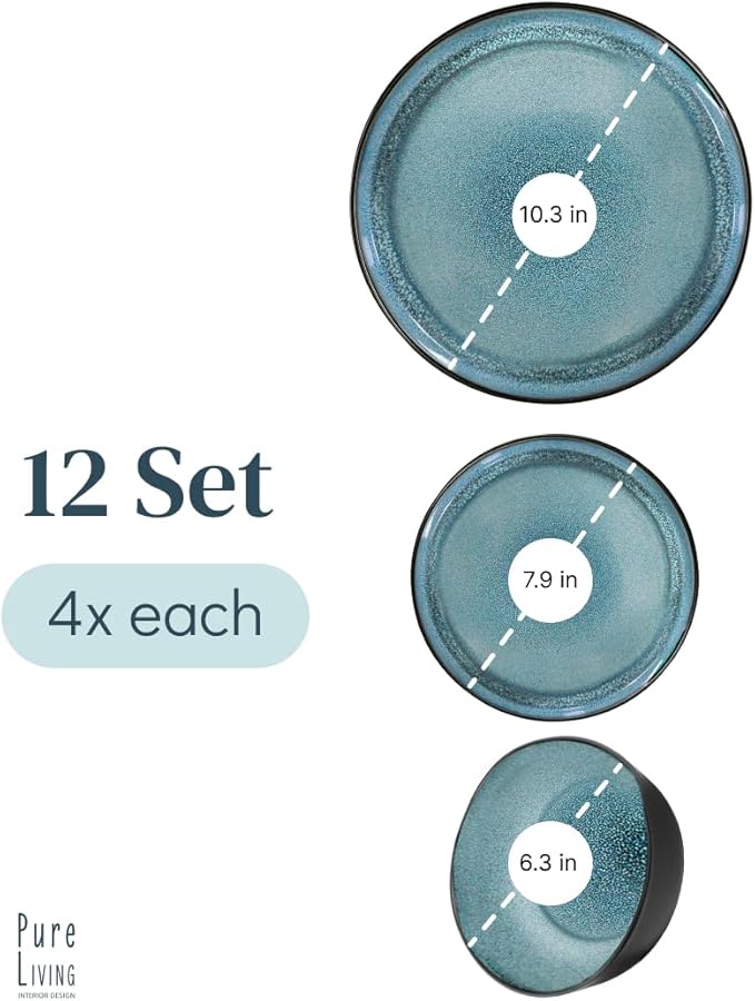 12 Piece Dinnerware Sets for 4 - Modern Style Stoneware Dinnerware Set - Scratch Resistant, Dishwasher Safe Plates and Bowls Sets Ceramic, Dish Set, Bowl and Plate Set - Black and Petrol Blue…