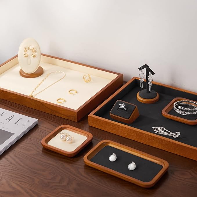 Oirlv Wood Flat Jewelry Tray Stackable Jewelry Drawer Organizer Showcase Jewelry Holder (Creamy-white flat tray)