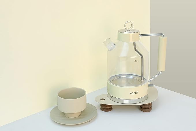 Electric Kettle, ASCOT Glass Electric Tea Kettle 1.5L 1500W Retro Tea Heater & Hot Water Boiler, No Plastic, BPA-Free, Cordless, with Auto Shut-Off and Boil-Dry Protection (Creme)