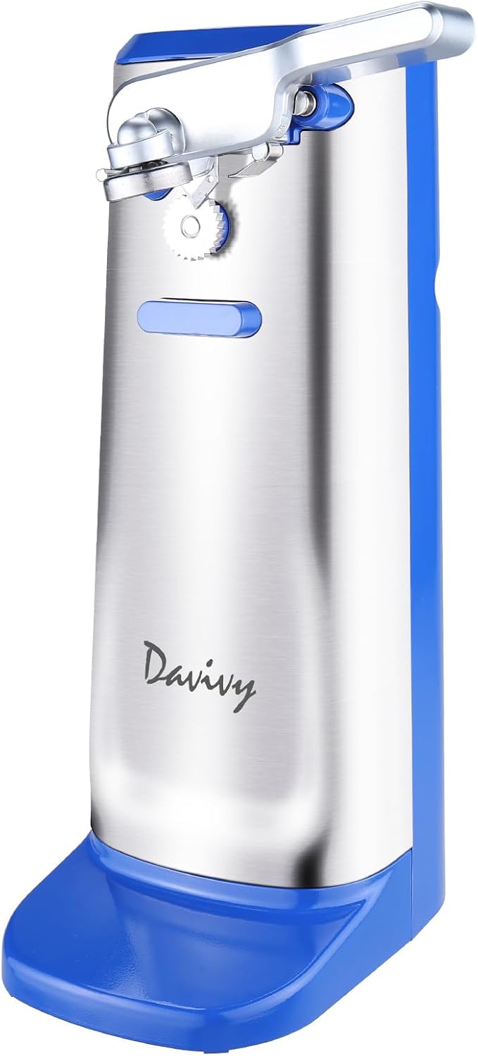 Davivy Electric Can Opener,Stainless Steel Slim Automatic Can Opener,One Touch Easy to Use for Arthritis (Silver+Royal Blue)