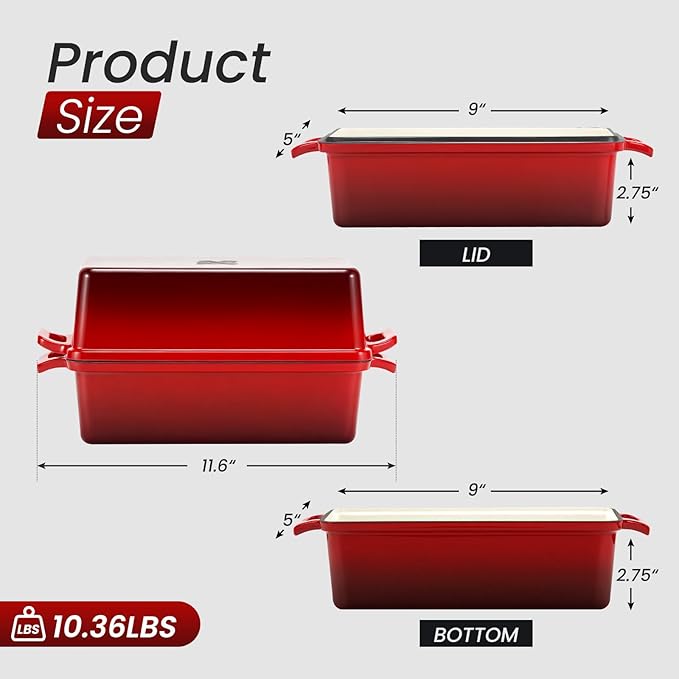 9x5 Inch Enameled Cast Iron Bread Loaf Pan with Lid, Perfect Sourdough Baking Pans | Even Heat Distribution for Homemade Bread, Cake, Meatloaf，2 Piece set，Red