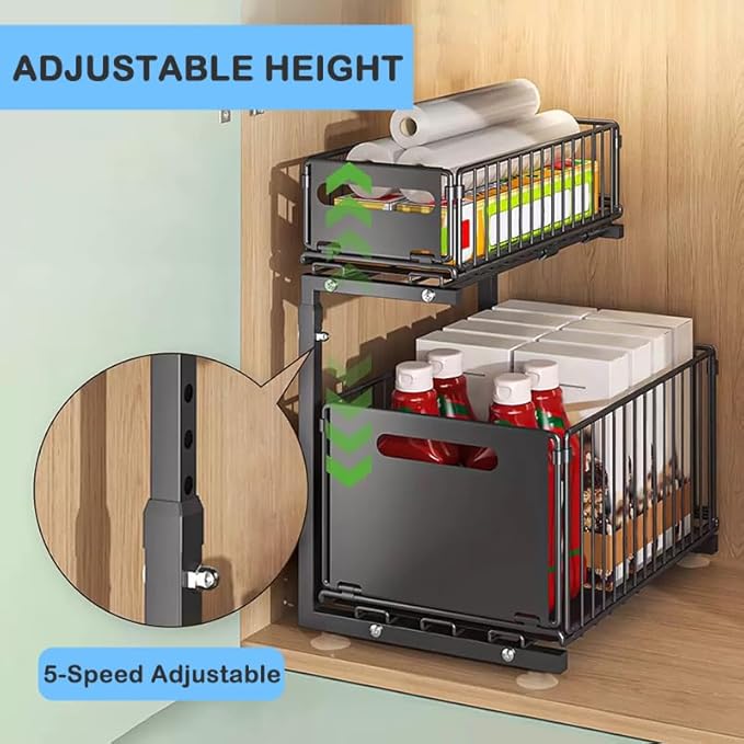 Under Sink Organizer with Adjustable Height, 2 Tier Pull Out Cabinet Design, Sliding Sink Shelf for Enhanced Storage Capacity, Counter Organizer Storage for Kitchen & Bathroom, Black, 1 Pack