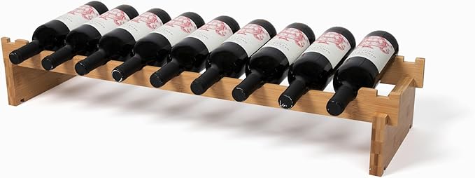 Stackable Bamboo Wine Rack for 72 Bottle, 8-Tier and Sturdy, Free Standing, Modular Wine Storage, Wine Bottle Storage for Cellar, Kitchen and Dining Room (9 Bottle)