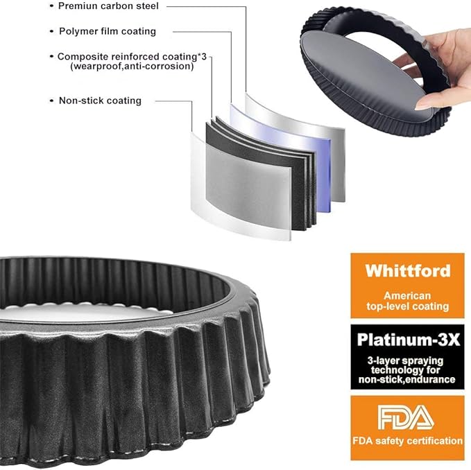 Tart Flan Pie Pan Nonstick Heavy Duty 10 Inch Quiche Cheese Molds With Removable Loose Bottom Fluted