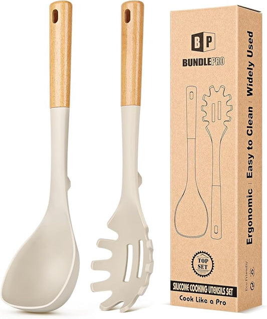 Silicone Soup Ladle and Spaghetti Spoon Set with Wooden Handle, Non Stick Heat Resistant Kitchen Utensils for Cooking, Stirring, Serving Pasta, Soup & Sauce(KHAKI)