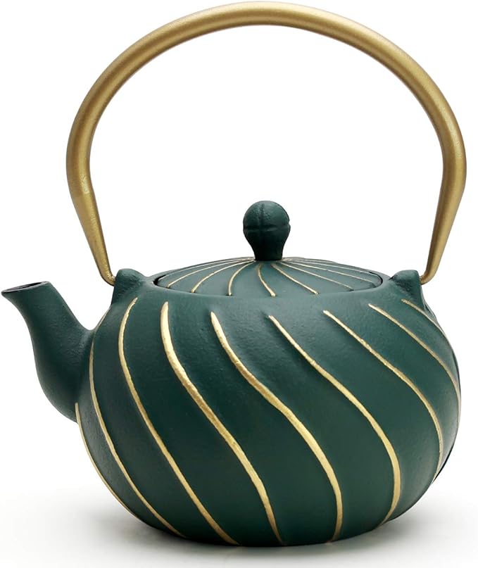 TOPTIER Japanese Cast Iron Teapot with Infuser, Stovetop Safe Teakettle, Wave Design, Enameled Interior, 30 oz (900 ml), Green