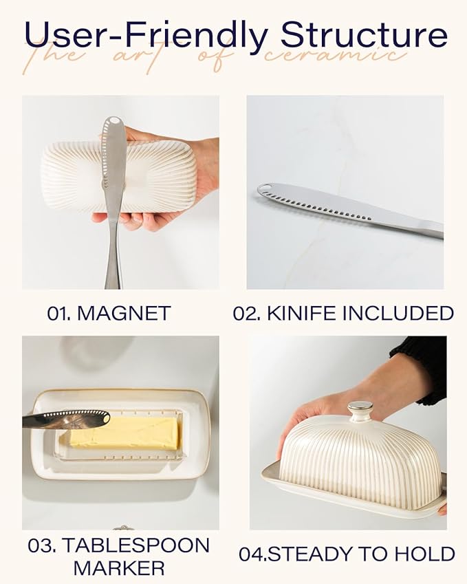 Getstar Ceramic Butter Dish with Lid and Stainless Steel Knife for Countertop, with Magnet to Attract Knife, Fit both West East Coast Butter
