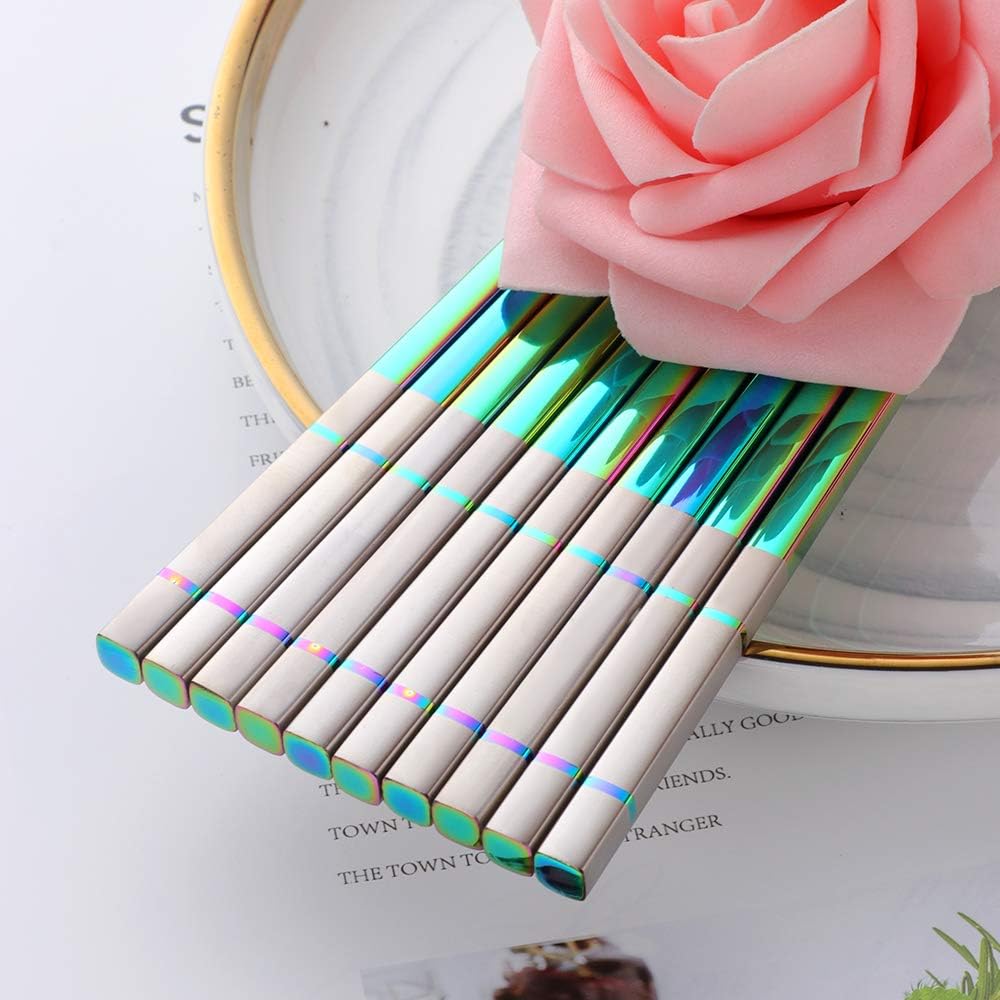 Buyer Star 5-Pair Stainless Steel Metal Reusable Rainbow Chinese Square Chopsticks
