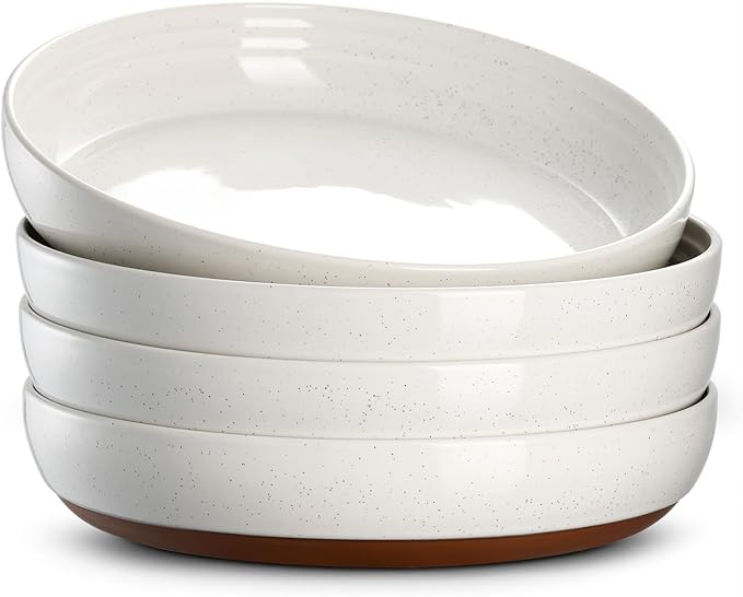 DOWAN 9.6" Ceramic Pasta Bowls Set of 4, Large Shallow White Dinner Bowls with Sesame Glaze Finish, Wide Bowl Plates for Pasta, Salad, Soup & Stew, Microwave & Dishwasher Safe, Housewarming Gift