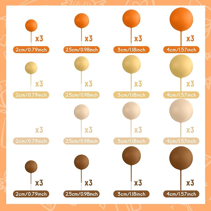 48 Pcs Balls Cake Topper Decorations Balloon Cupcake Toppers Foam Cake Topper Balls Cake Balls Decorations for Birthday Party Wedding Cake Decorating (Orange, Yellow, Apricot, Khaki)