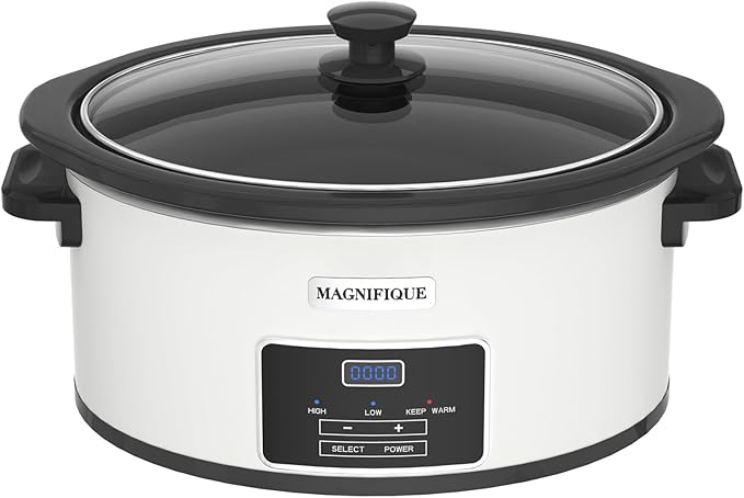 7-Quart Programmable Slow Cooker with Timer Keep Warm - Small Kitchen Appliance for Family Dinners - Serves 6+ People - Heat Settings: Keep Warm(White, Black Liner)