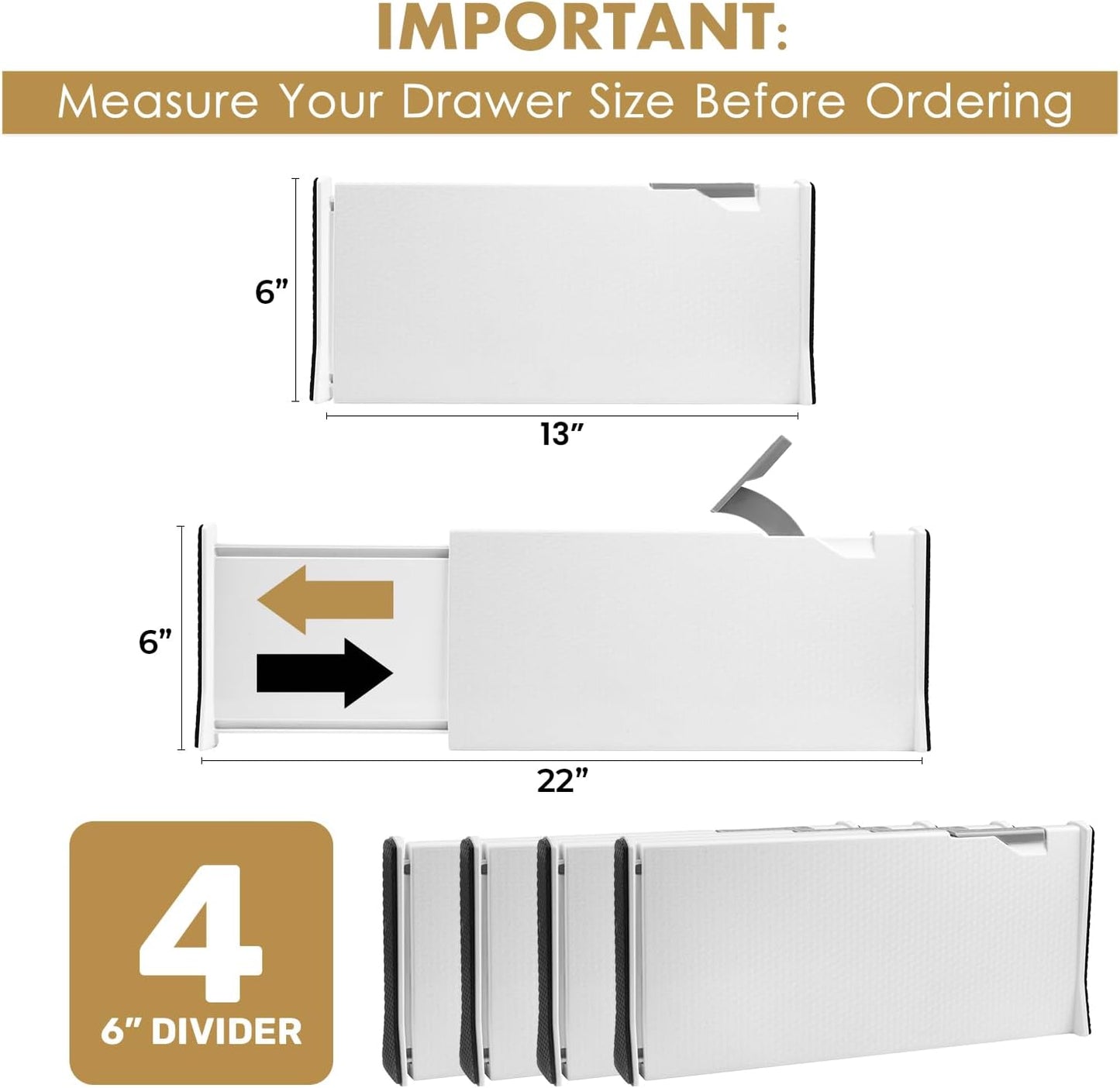 RAPTUROUS Adjustable Deep Drawer Divider – 6" Tall, Expandable 13-22", 4-Pack, Non-Slip Drawer Dividers for Clothes, Dresser, Kitchen & Office Organization (White)