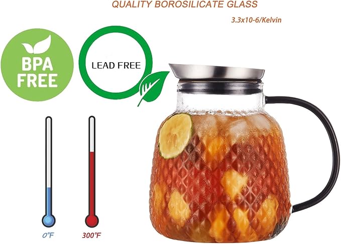Purefold 40 ounces “Pineapple Series” Glass Pitcher with Stainless Steel Lid, Hot/Cold Water jug for Coffee, Lemonade, Iced Sun Tea,Beverage, Milk