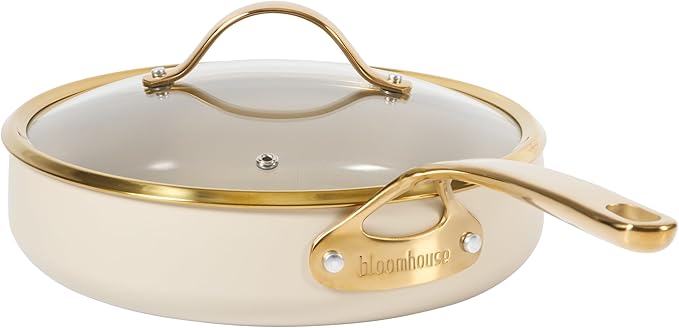 bloomhouse - Oprah's Favorite Things - 10 Inch Heavy Duty Aluminum Premium PFA Free Ceramic Nonstick Saute/Deep Frying Pan Skillet with Lid - Almond Cream w/Gold Handle