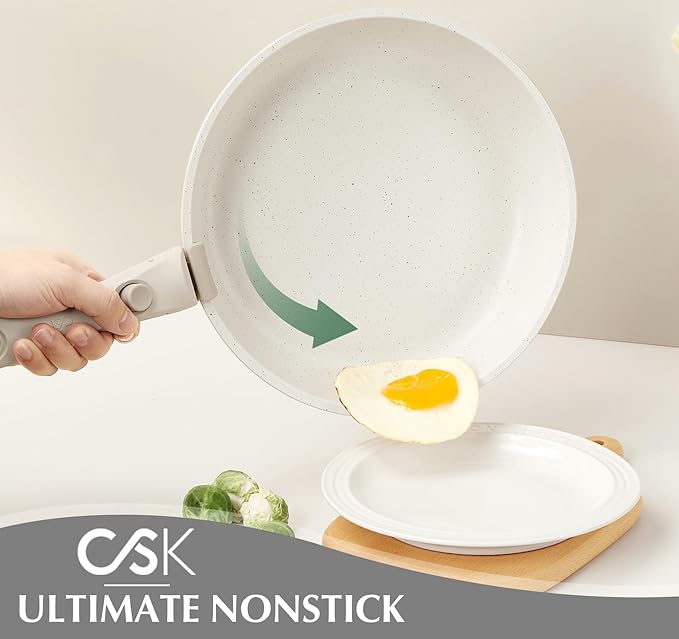 KOCH SYSTEME CS 17 PCS Pots and Pans Set, Nonstick Cookware Set Detachable Handle, Induction Kitchen Cookware Sets Non Stick with Removable Handle, RV cookware set, White