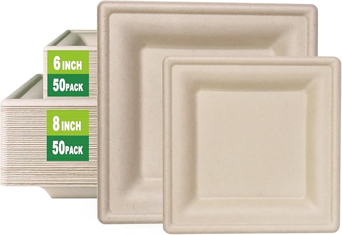 GreenWorks 6 inch and 8 inch Heavy-duty Compostable Plates (each 50 Count), 100 Count Bagasse and Bamboo Fiber Disposable Paper Plates