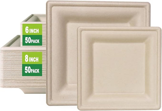 GreenWorks 6 inch and 8 inch Heavy-duty Compostable Plates (each 50 Count), 100 Count Bagasse and Bamboo Fiber Disposable Paper Plates
