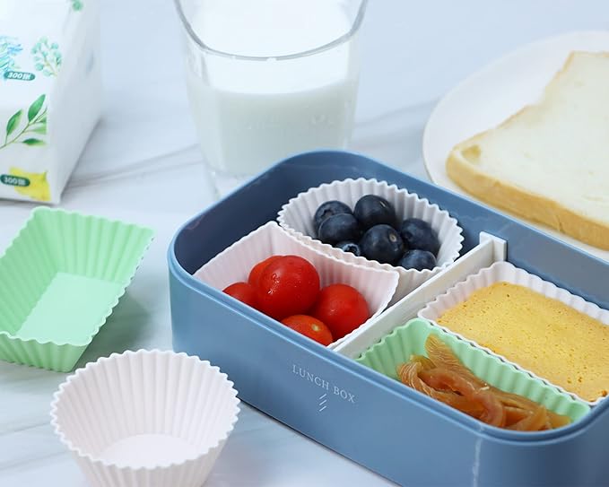 24Pack Silicone Muffin Cups, Reusable Cupcake Liners Molds for Baking, 3 Shapes Lunch Box Bento Dividers-Round, Square, and Rectangular (Neutral Colors, Regular Size)