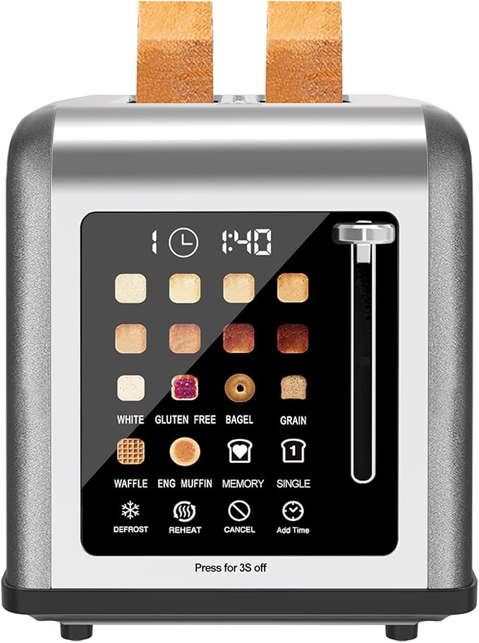 2 Slice Toaster Touch Screen, Stainless Steel Toasters Digital Timer 2 Slot Toasters, 8 Shade Settings 6 Bread Types for Bagel, Cancel, Defrost (Grey）