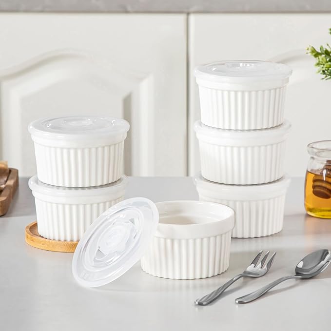 vancasso 6 oz Ramekins with Lid, Porcelain Creme Brulee Souffle Dishes, White Pudding Custard Cups Ramiken for Baking, Dishwasher and Oven Safe, Set of 6