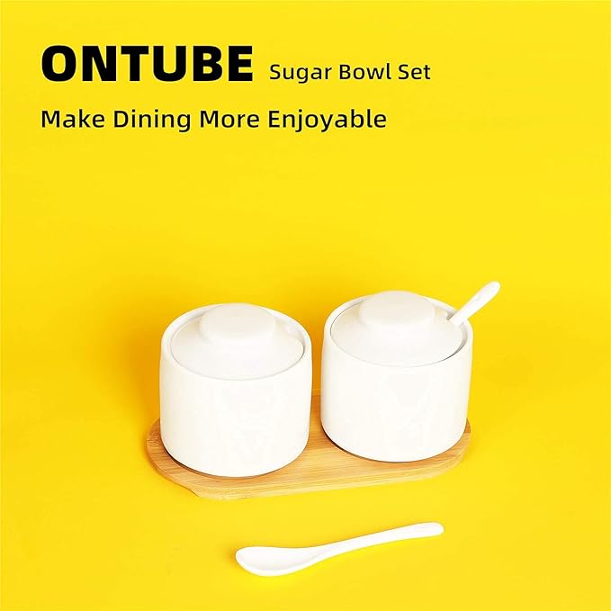 ONTUBE Ceramic Sugar Bowl with Lid and Spoon Set of 2,Porcelain Seasoning Box Salt Bowl with Tray,8oz (White)