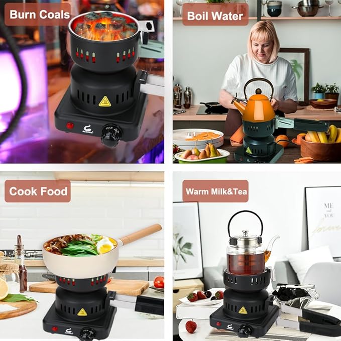 Multipurpose Charcoal Starter - Coal Burner Hot Plate Electric Stove Coconut Starter with Stainless Detachable Tongs, 4.9Ft Longer Cords, 600W Faster Heating for BBQ Kitchen etc.