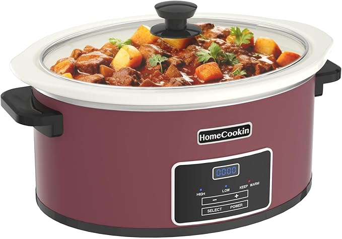 HOMECOOKIN 8-Quart Programmable Slow Cooker with Timer Keep Warm - Small Kitchen Appliance for Family Dinners - Serves 6+ People (Red Shell + White Ceramic Liner)