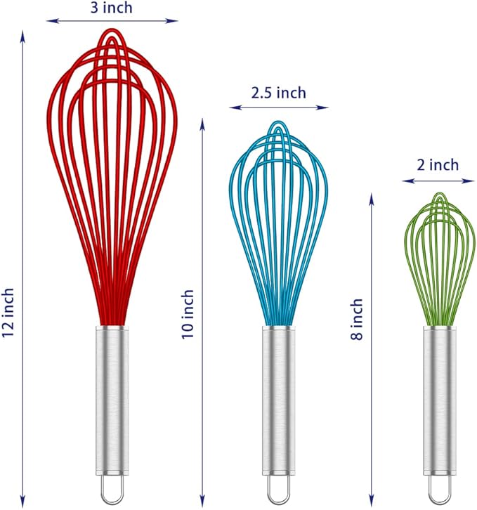 Silicone Rubber Whisk,Premium Whisks For Cooking Non Scratch,Stainless Steel & Silicone Wisk For Nonstick Cookware Pans, High Heat Resistant kitchen Whisks set of 3,Red+Blue+Green