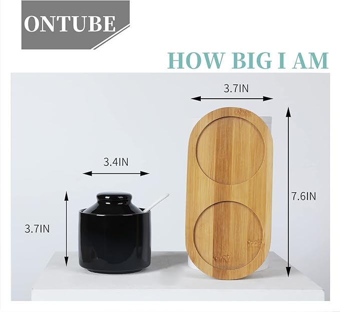 ONTUBE Ceramic Sugar Bowl with Lid and Spoon Set of 2,Porcelain Seasoning Box Salt Bowl with Tray,8oz (Black)