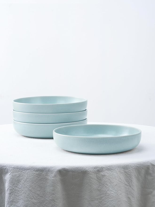 famiware Milkyway Pasta Bowls Set of 4, 8.5" Large Salad Bowls, Double Reactive Glaze, Sturdy & Stackable, Ideal for Housewarming, Festivals, Light Blue