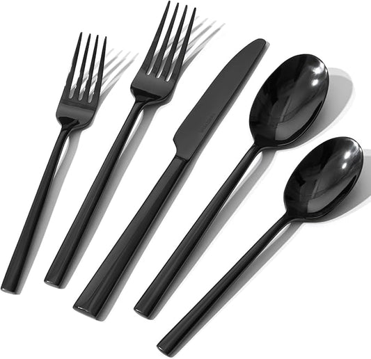 KINGSTONE Black Silverware Set, 20-Piece Forged Flatware Set Cutlery Set Premium Stainless Steel, Service for 4, for Kitchen, Home, Wedding, Party, Mirror Polished and Dishwasher Safe