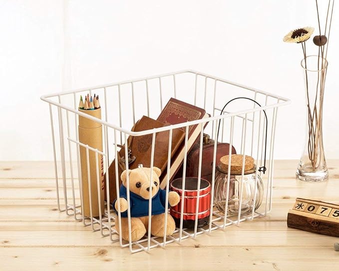 SANNO Freezer Wire Storage Organizer Basket, Refrigerator Storage Baskets Bins Organizer with Built-in Handles for Cabinets, Pantry, Closets, Bedrooms 4 Pack 11"x10"x 7" White