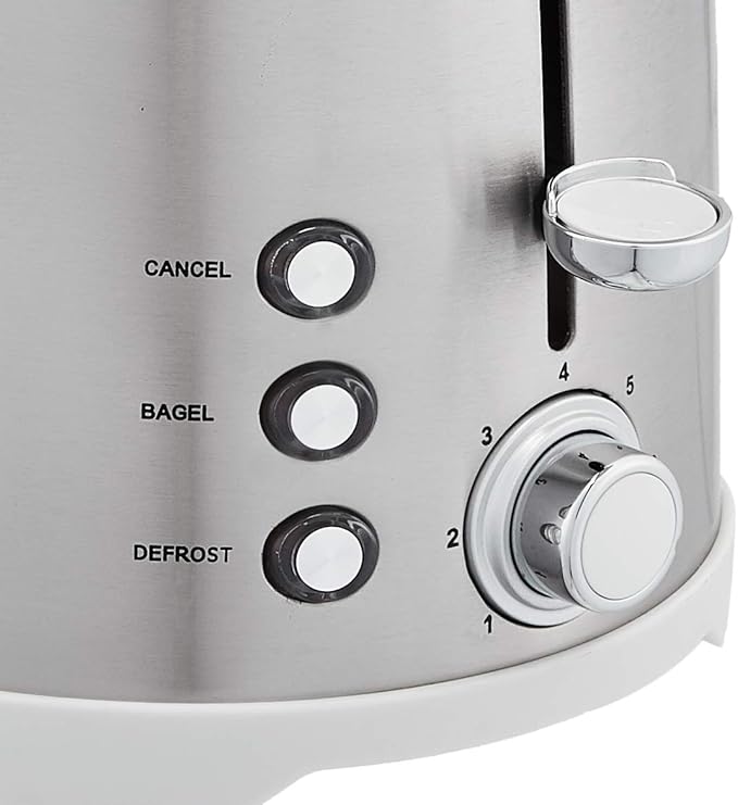 Amazon Basics 2 Slice Cool Touch Stainless Steel Toaster with 7 Browning Settings, Extra Wide Slots (for Bagels, Waffles, Specialty Breads), Removable Crumb Tray, Cancel Button, 800W, Brushed Silver