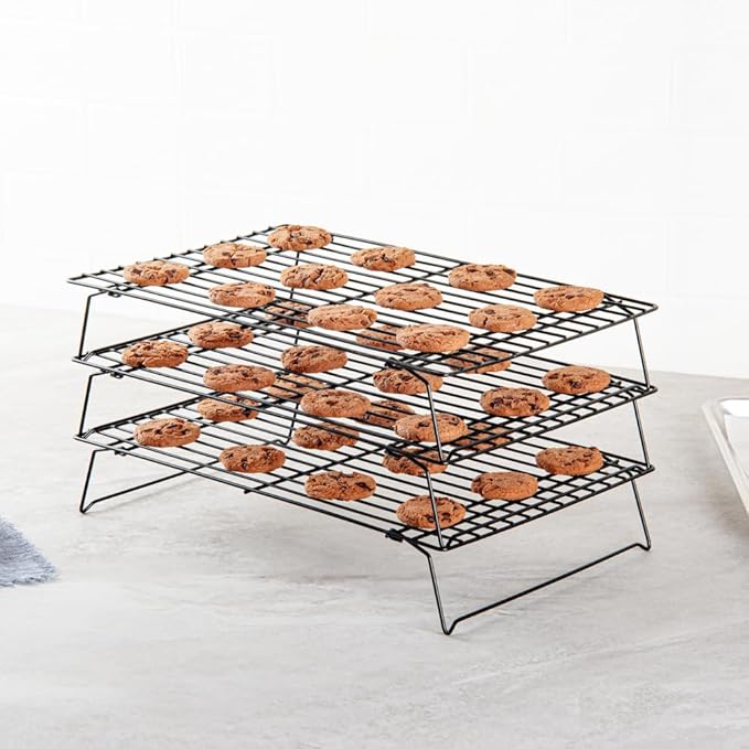 Restaurantware Met Lux 15.7 x 9.8 x 8.3 Inch Wire Baking Rack Set 1 Stackable Oven Wire Rack Set - 3-Tier Design Oven-Ready Up To 392F Black Iron Cooling Rack Set With Collapsible Feet